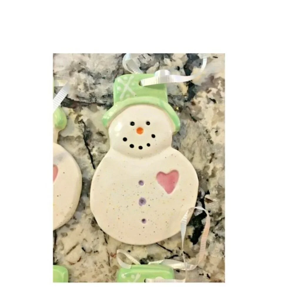 Lot of 6 Hand-Painted Ceramic Christmas Ornaments Snowman wearing Tophat